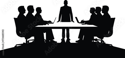 Silhouettes of business people in a meeting with laptops, business, meeting, silhouettes, people, laptops, technology, corporate, teamwork, office, finance, presentation, collaboration, discussion, pr