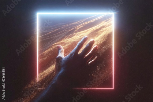 Futuristic hand reaching through glowing frame, evoking explorat