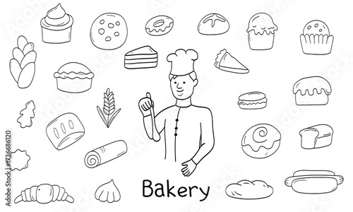 A set of hand-drawn doodle elements for baking and cakes on a white background