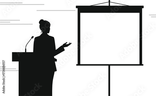 Woman Presenting at Podium with Projection Screen silhouette, silhouette, woman, presenting, podium, projection screen, white background, business, conference, presentation, speech, public speaking, e