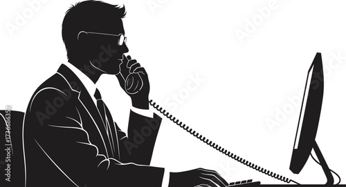 Businessman on phone at desk with computer silhouette, businessman, silhouette, phone, computer, desk, office, work, business, communication, technology, professional, male, person, individual, execut