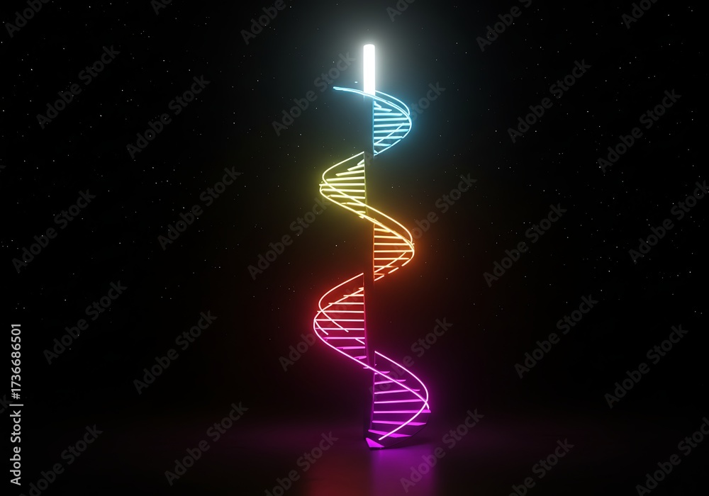 Obraz premium Abstract glowing double helix dna strand with vibrant rainbow colors on black background