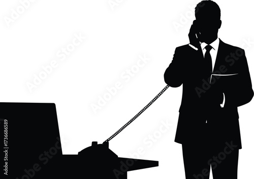 Businessman Silhouette Talking on Phone with Laptop businessman, silhouette, man, desk, professional, landline, vector, black, digital, deal, suit, office, laptop, corporate, talking, strategy, negoti