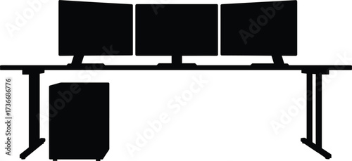 Desk with three computer monitors and a computer tower, computer, monitor, screen, desk, technology, workstation, setup, multiple, display, office, gaming, professional, equipment, hardware, digital, 