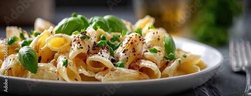 Penne pasta is delicately coated in a creamy white sauce, topped with fresh basil and black pepper for an elegant touch