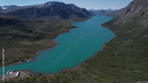 A unique large lake with blue water in Jotunheimen National Park