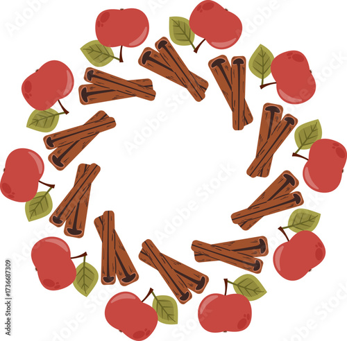 Circular wreath of whole red apples and cinnamon sticks with green leaves, warm autumn tones, cozy flat design, spiced harvest-themed pattern, symmetrical arrangement