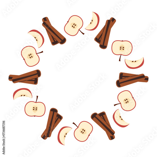 Circular arrangement of sliced red apples and cinnamon sticks, warm autumn palette, cozy flat design, spiced harvest-themed wreath, symmetrical seasonal pattern