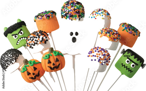 Spooky halloween marshmallow pops with ghost frankenstein pumpkin and monster designs