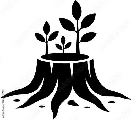 New Life from Old Saplings Sprouting from Tree Stump, Symbolizing Nature's Resilience, Environmental Regeneration, and Sustainable Growth