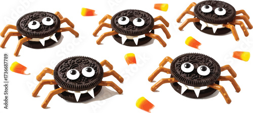 Spooky halloween spider cookies with candy corn on a white background for a fun party