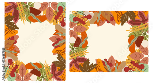 A lively autumn frame bursting with colorful leaves, mushrooms, berries, in warm oranges, reds, and greens. Playful, organic, and perfect for fall-themed invitations, cards, or digital backgrounds