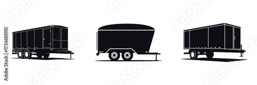 Cargo Trailer Silhouette Icons – Transport Vehicle Vector, Logistic Hauling Trailer, Freight Storage Container, Industrial Transport, Road Hauling Equipment, Shipping and Delivery Illustration