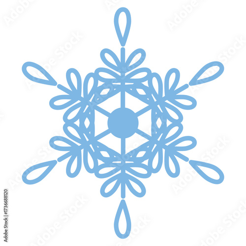 Elaborate light blue snowflake with swirling, floral-inspired loops and a central circle, elegant and intricate design for winter-themed projects and decor