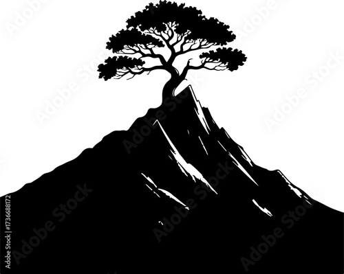 Silhouette of a lone tree atop a mountain, symbolizing growth and resilience, nature's strength