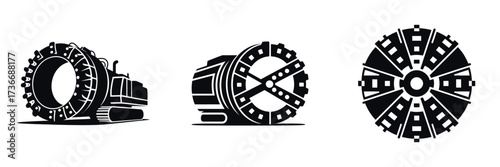 Tunnel Boring Machine Silhouette Icons – TBM Construction Equipment Vector, Underground Excavation Machinery, Mining Drill Cutter Head, Civil Engineering Tools for Subway and Infrastructure Projects