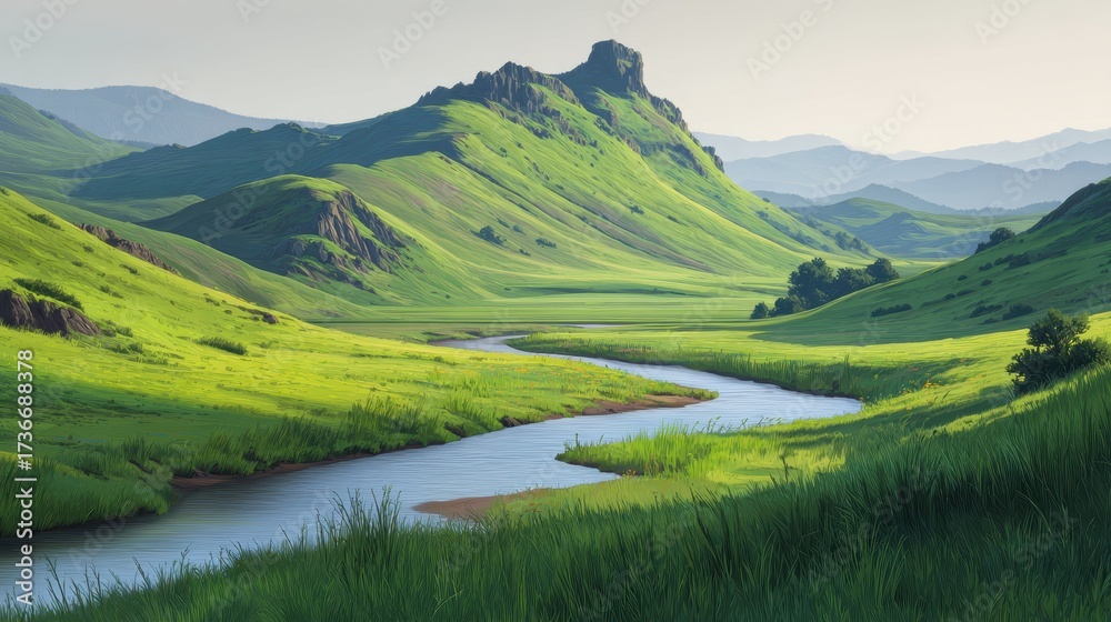 Naklejka premium Serene landscape showcasing lush green hills, a winding river, and distant mountains under a clear sky