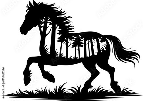 Artistic double exposure silhouette of a galloping horse with a pine forest landscape inside