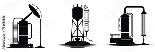 Oil Refinery Silhouette Icons – Industrial Factory Equipment Vector, Petroleum Processing Plant, Energy Infrastructure, Chemical Industry, Gas Production and Engineering Illustration