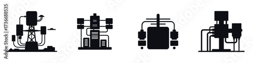 Electric Transformer Silhouette Icons – Power Grid Equipment Vector, Energy Distribution, Voltage Converter, Industrial Electricity Infrastructure, Utility Substation and Engineering Illustration