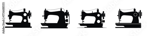 Vintage Sewing Machine Silhouette Icons – Tailoring Equipment Vector, Retro Textile Tools, Fashion Design, Dressmaking, Handmade Clothing, Needlework and Crafting Illustration