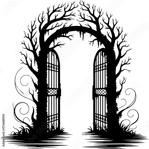 Silhouette of a spooky, eerie gate framed by twisted trees, ideal for Halloween designs