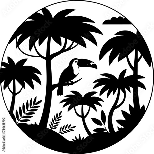 Toucan in a tropical jungle with palm trees and lush foliage, a silhouette design