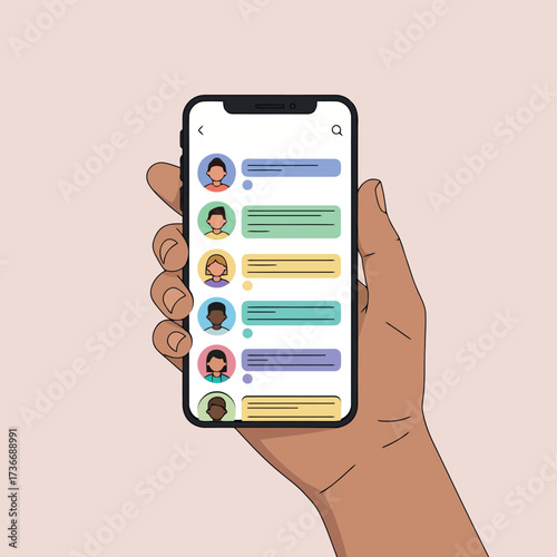 Hand Holding Smartphone Displaying Messaging App with Diverse Avatars mobile