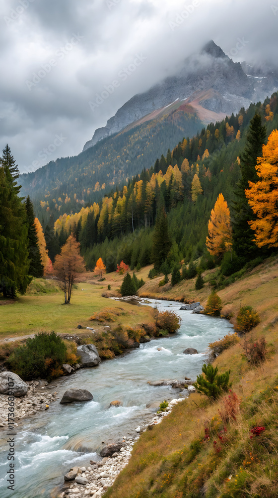 Obraz premium Serene mountain stream flows through autumn forest valley under cloudy sky river