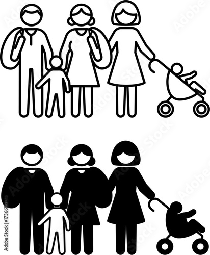 Children and Families Icons. Black and White Vector Illustrations. Father, Mother, Child, and Woman with Baby. Refugees, Emigration, Immigration. World Refugee Concept