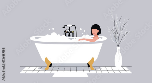 Woman Enjoying a Bubble Bath in a Modern Bathtub bubbles relaxation