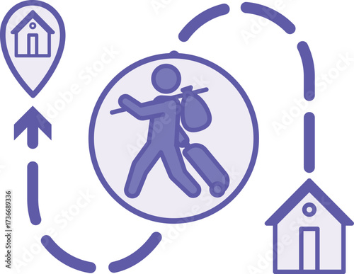 Colored Resettlement Icon. Vector Illustration. Refugee with a Suitcase Leaving Home for Another Place of Residence. Emigration, Immigration. World Refugee Concept