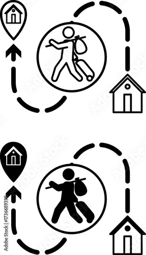 Resettlement Icons. Black and White Vector Illustrations. Refugee with a Suitcase Leaving Home for Another Place of Residence. Emigration, Immigration. World Refugee Concept