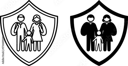 Protection Refugee Icons. Black and White Vector Illustrations. Father, Mother, Child, and Shield. Emigration, Immigration. World Refugee Concept