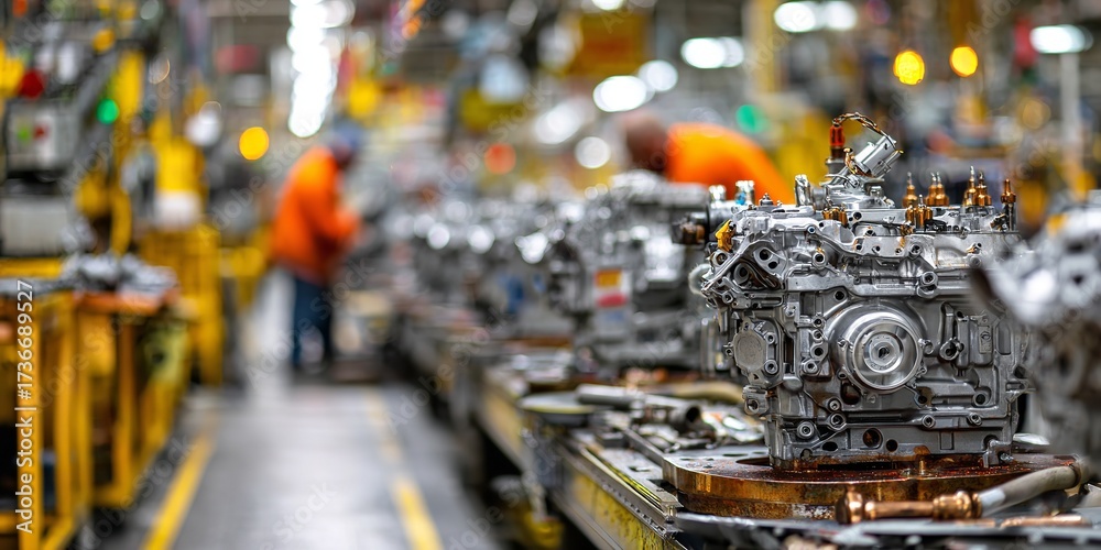 Fototapeta premium Automotive engine production line showcasing modern manufacturing and skilled workers in a vibrant factory setting representing engineering excellence