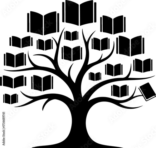 A conceptual illustration of a a knowledge tree with open books as leaves, symbolizing wisdom, learning, and literature
