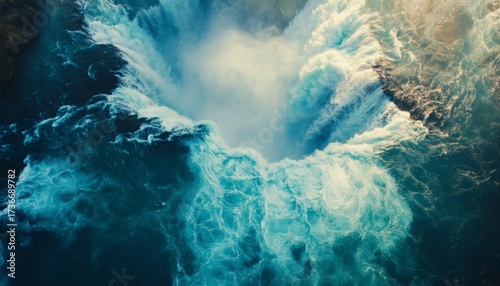 The image shows an aerial perspective of a waterfall with turquoise and deep blue water, creating a visually striking contrast.
