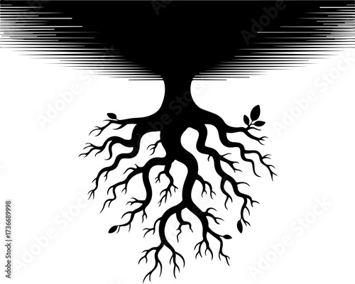 Silhouette of a mighty tree with a complex root system symbolizing growth, life, and foundation