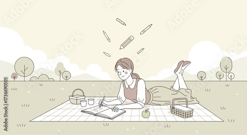 Illustration of a woman writing in a notebook during a picnic in the park