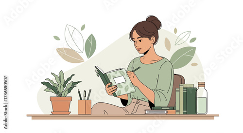 Illustration of a woman writing in a notebook at a desk with plants and books
