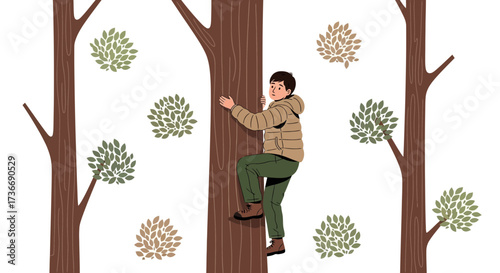 Illustration of a person climbing a tree surrounded by foliage, nature scene