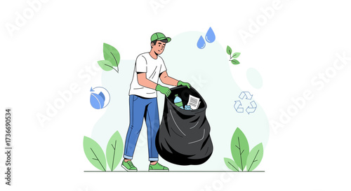 Illustration of a person collecting trash in a bag for recycling, protecting earth