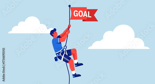 Illustration of a person climbing towards a goal flag representing aspiration and achievement