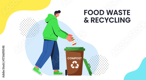 Illustration of a person composting food waste to promote recycling and environmental responsibility.