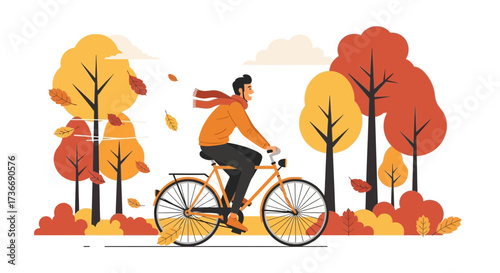 Illustration of a person cycling with bicycle in an autumn park, beautiful day