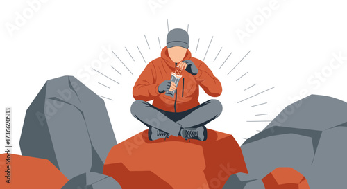 Illustration of a person eating a snack bar while sitting on a rock during outdoor activity