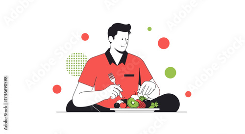 Illustration of a person enjoying a healthy fruit meal on a white background