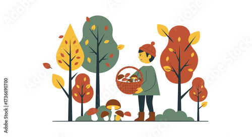 Illustration of a person foraging for mushrooms in an autumn forest scene