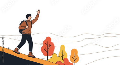 Illustration of a person hiking in the mountains with trees and a backpack