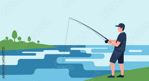 Illustration of a person fishing by a lake, enjoying an outdoor recreation activity